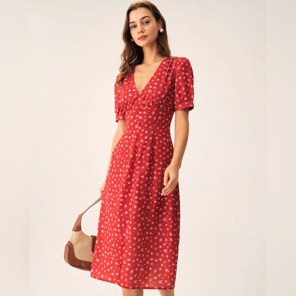 Rihoas Red Floral Ruched Midi Dress